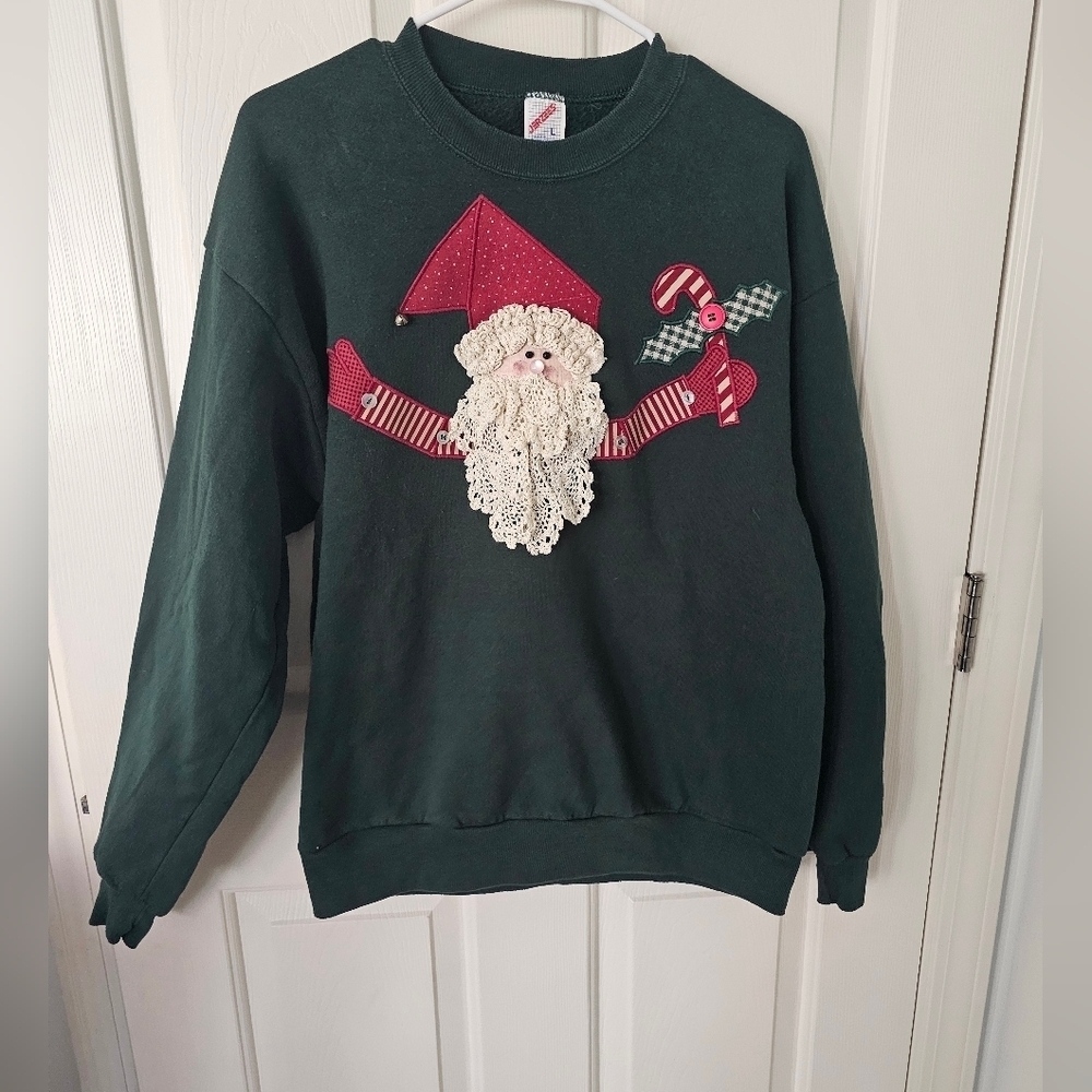Vintage Vtg Jerzees Ugly Christmas sweatshirt with a hand-sewn Santa Claus Sz L